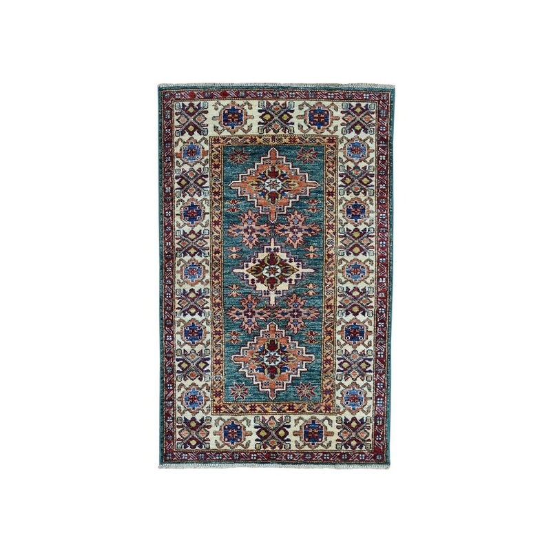 Shahbanu Rugs Green Super Kazak Pure Wool Geometric Design Hand-Knotted Oriental Rug (2'4" x 4'1") - 2'4" x 4'1"