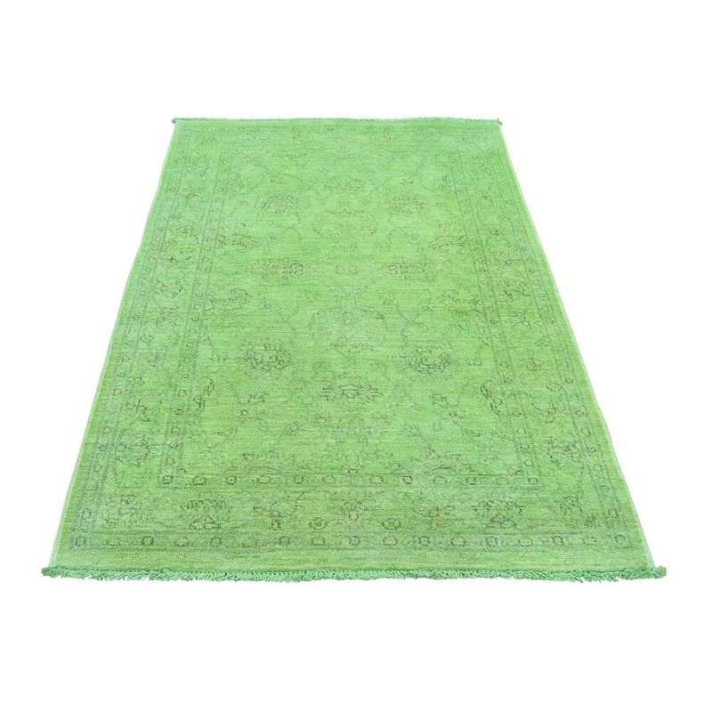 Shahbanu Rugs Hand Knotted Green Cast Overdyed Peshawar Pure Wool Oriental Rug (3'1" x 5'0") - 3'1" x 5'0"