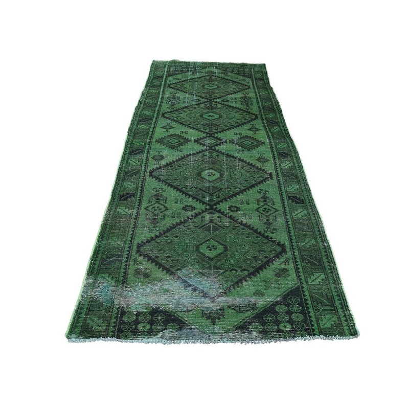 Shahbanu Rugs Hand Knotted Vintage Overdyed Persian Hamadan Wide Runner Rug (3'5" x 9'5") - 3'5" x 9'5"