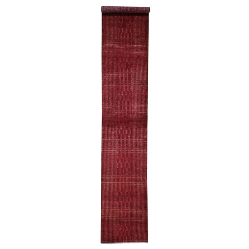 Shahbanu Rugs Hand-Knotted Wool and Silk Tone-on-Tone Red Nepali Runner Oriental Rug (2'3" x 11'5") - 2'3" x 11'5"