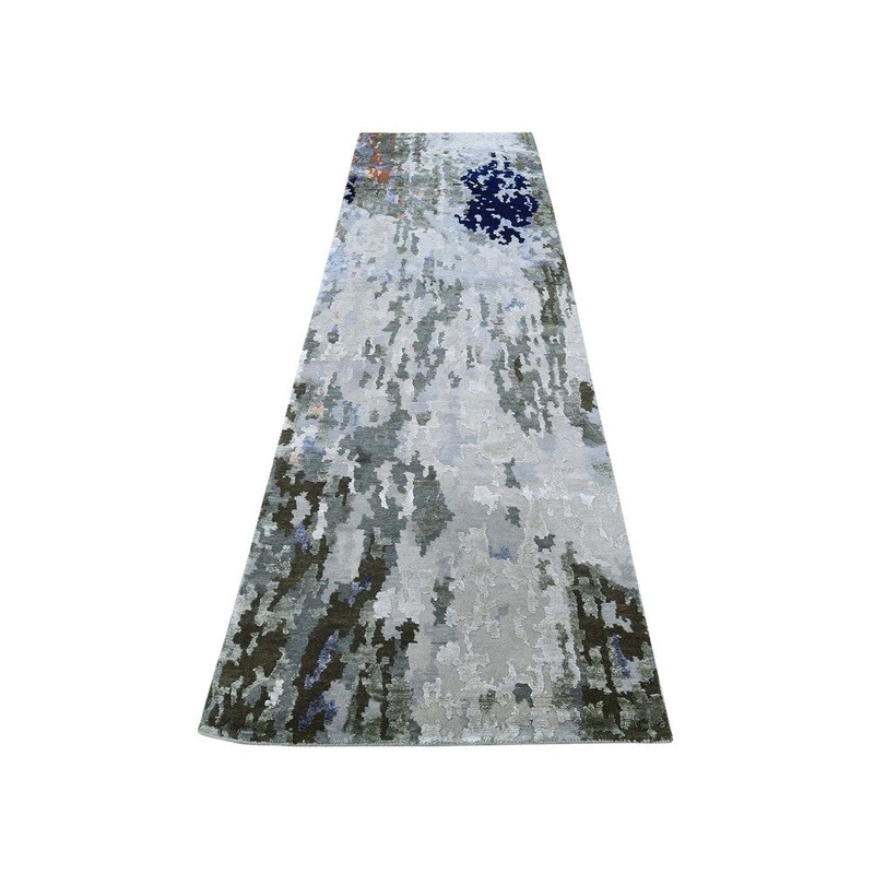 Shahbanu Rugs Hi-Low Pile Abstract Design Wool And Silk Hand-Knotted Oriental Rug (2'6" x 9'10") - 2'6" x 9'10"
