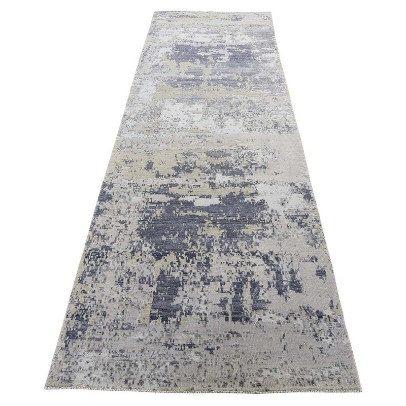 Shahbanu Rugs Hi-Low Pile Abstract Design Wool and Silk Runner Hand-Knotted Rug (2'8" x 10'0") - 2'8" x 10'0"