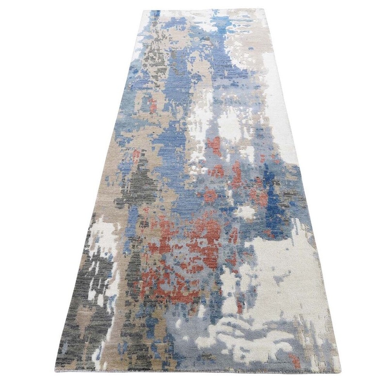 Shahbanu Rugs Hi-Low Pile Abstract Design Wool & Silk Runner Handmade Oriental Rug (2'5" x 7'9") - 2'5" x 7'9"