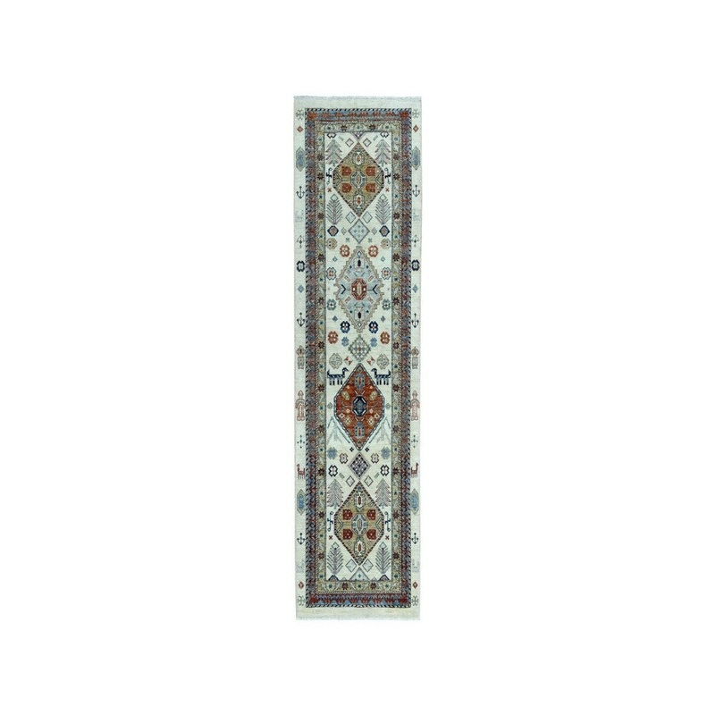 Shahbanu Rugs Ivory Northwest Pictorial Peshawar Pure Wool Handmade Oriental Runner (2'9" x 8'8") - 2'9" x 8'8"