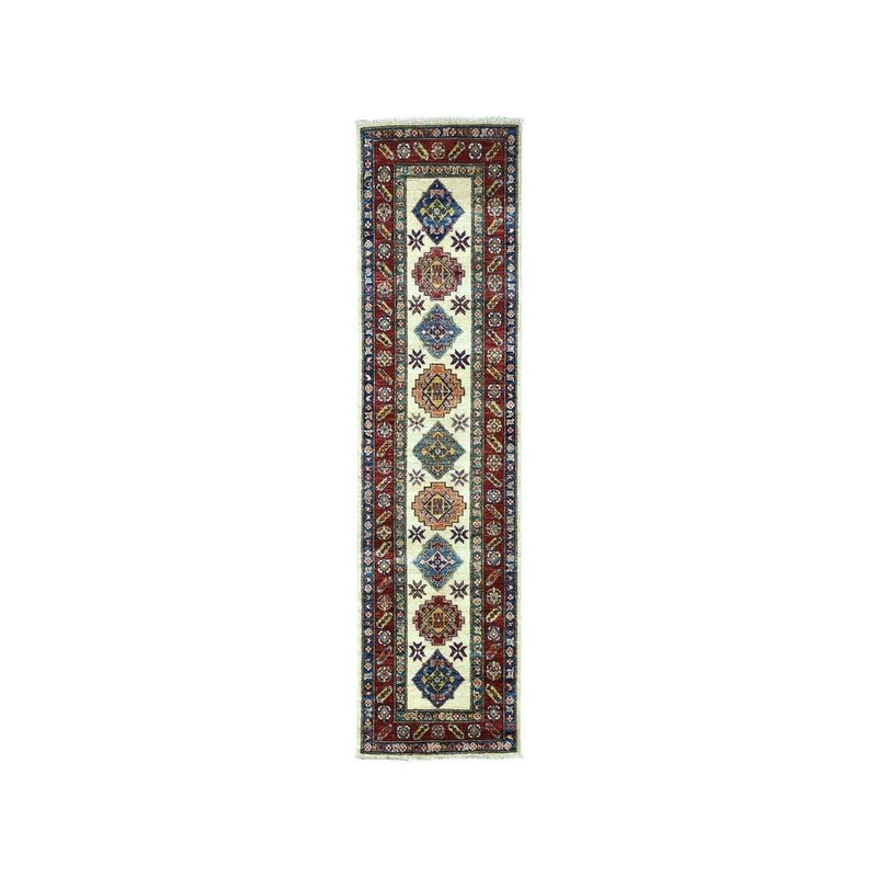 Shahbanu Rugs Ivory Super Kazak Pure Wool Geometric Design Hand-Knotted Runner Rug (2'1" x 6'1") - 2'1" x 6'1"