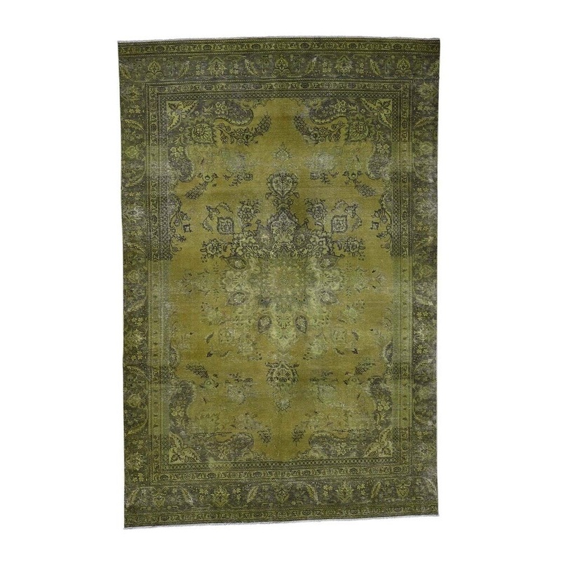 Shahbanu Rugs Light Green Vintage Overdyed Persian Tabriz Hand Knotted Rug (7'1" x 11'0") - 7'1" x 11'0"