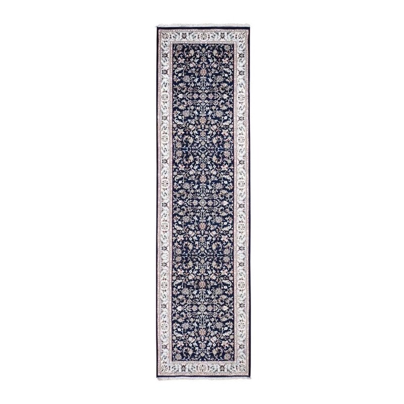 Shahbanu Rugs Navy Blue Runner Nain Wool And Silk All Over Design 250 KPSI Hand Knotted Oriental Rug (2'7" x 10'0")