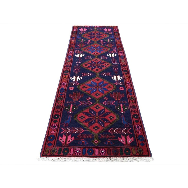 Shahbanu Rugs Navy New Persian Hamadan With Birds Hand-Knotted Runner Oriental Rug (2'7" x 9'2") - 2'7" x 9'2"