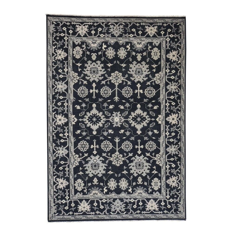Shahbanu Rugs Oushak Turkish Knot Cropped Thin Midnight Blue Hand Knotted Rug (6'1" x 9'0") - 6'1" x 9'0"