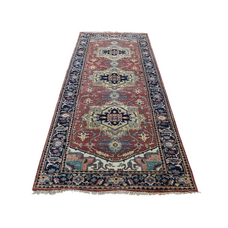 Shahbanu Rugs Pure Wool Antiqued Heriz Re-creation Hand-Knotted Runner Oriental Rug (2'6" x 8'0") - 2'6" x 8'0"