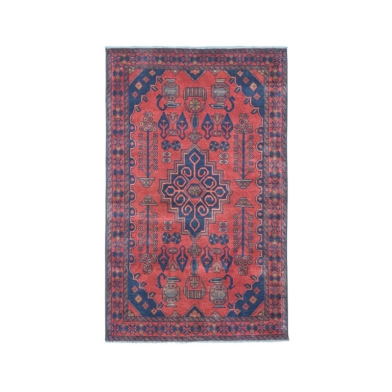 Shahbanu Rugs Red Geometric Design Afghan Andkhoy Pure Wool Hand-Knotted Rug (3'4" x 4'10") - 3'4" x 4'10"