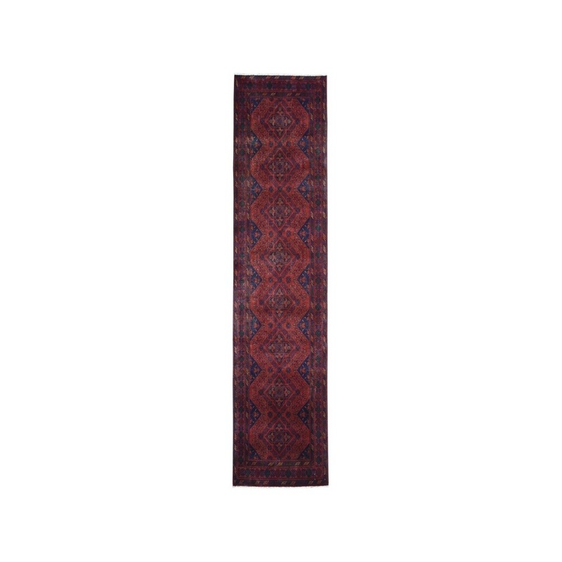 Shahbanu Rugs Red Geometric Design Afghan Pure Wool Hand-Knotted Runner Rug (2'9" x 9'5") - 2'9" x 9'5"