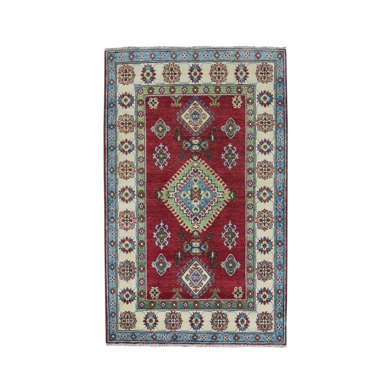 Shahbanu Rugs Red Geometric Design Kazak Pure Wool Hand-Knotted Oriental Rug (3'6" x 4'8") - 3'6" x 4'8"