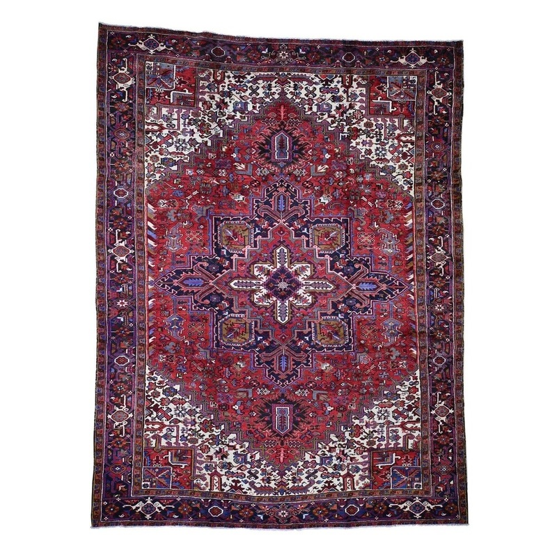 Shahbanu Rugs Red Semi Antique Persian Heriz Hand-Knotted Oriental Rug (9'6" x 12'7") - 9'6" x 12'7"