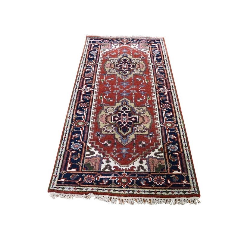 Shahbanu Rugs Red Serapi Heriz Pure Wool Hand-Knotted Runner Oriental Rug (2'7" x 6'2") - 2'7" x 6'2"