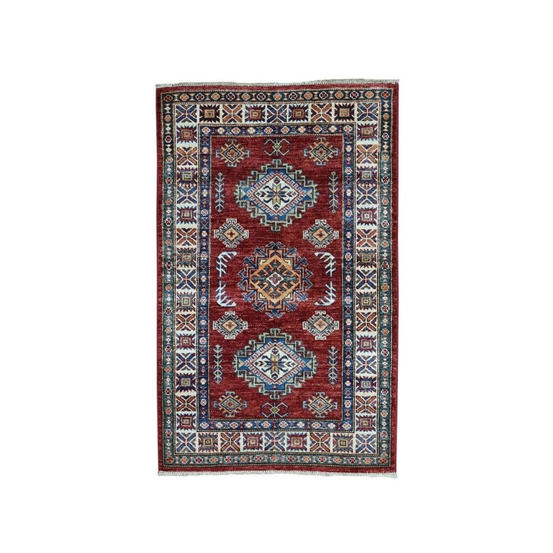 Shahbanu Rugs Red Super Kazak Pure Wool Geometric Design Hand-Knotted Oriental Rug (2'8" x 3'10") - 2'8" x 3'10"