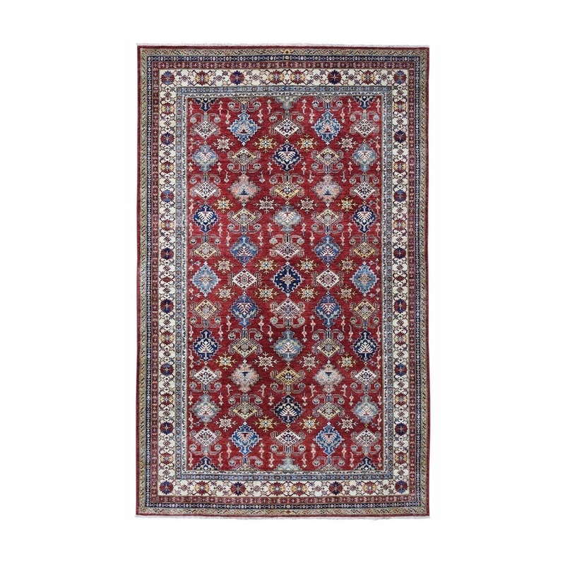Shahbanu Rugs Red Super Kazak Pure Wool Geometric Design Hand-Knotted Oriental Rug (5'8" x 9'0") - 5'8" x 9'0"