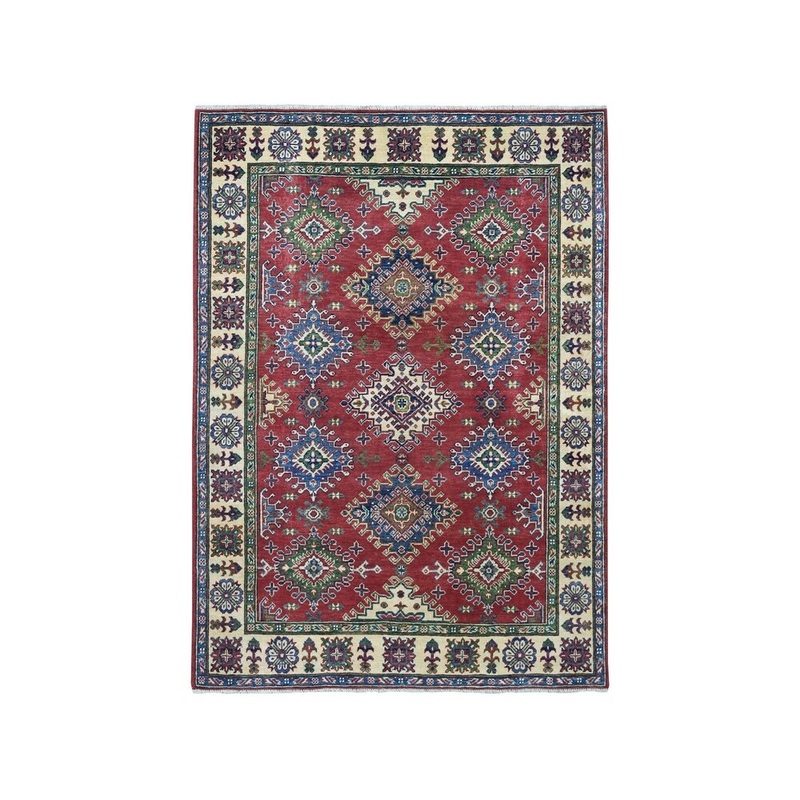 Shahbanu Rugs Red Super Kazak Pure Wool Geometric Design Handmade Rug (5'0" x 6'5") - 5'0" x 6'5"