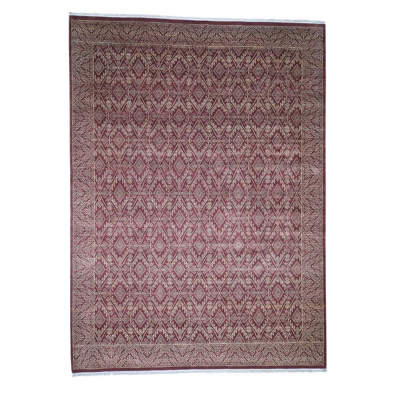 Shahbanu Rugs Red Tone on Tone Geometric Design Pure Wool Hand-Knotted Oriental Rug (9'2" x 12'6") - 9'2" x 12'6"