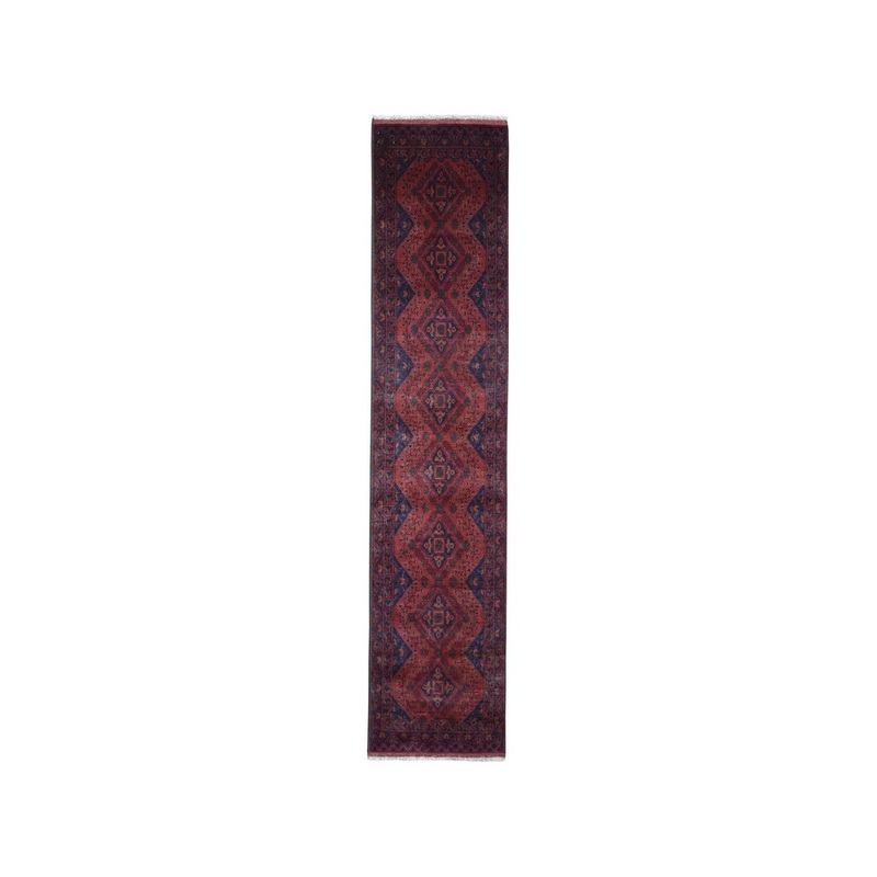 Shahbanu Rugs Red Tribal Design Afghan Pure Wool Hand-Knotted Runner Rug (2'7" x 9'7") - 2'7" x 9'7"