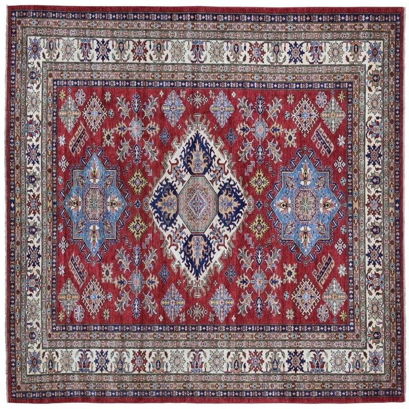 Shahbanu Rugs Super Kazak Pure Wool Red Geometric Design Hand-Knotted Oriental Rug (8'0" x 9'9") - 8'0" x 9'9"