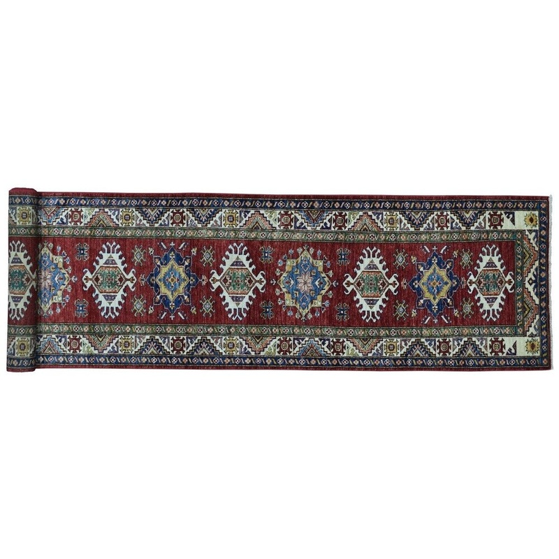 Shahbanu Rugs Super Kazak Red Geometric Design Pure Wool Hand-Knotted XL Runner Rug (2'9" x 19'3") - 2'9" x 19'3"