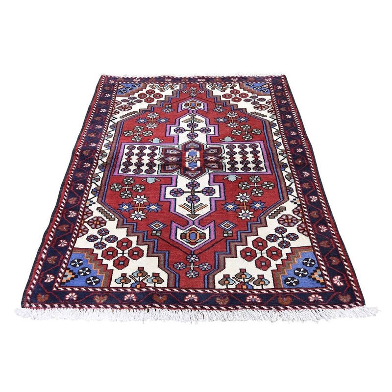 Shahbanu Rugs Vintage Bohemian Red Persian Hamadan Pure Wool Hand-Knotted Rug (3'7" x 5'1") - 3'7" x 5'1"
