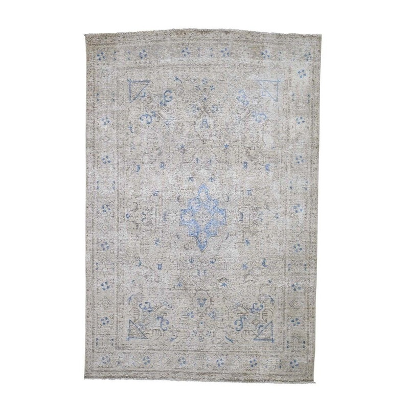 Shahbanu Rugs Vintage White Wash Persian Tabriz Sheared Down Hand-Knotted Rug (6'4" x 9'9") - 6'4" x 9'9"