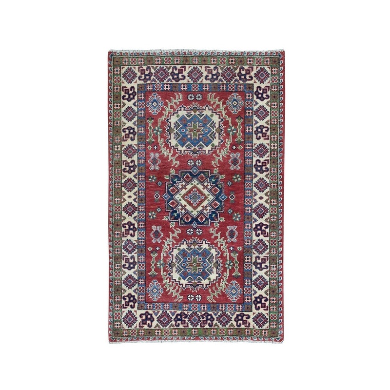 Shahbanu Rugs Blue Geometric Design Kazak Pure Wool Hand-Knotted Oriental Rug (3'3" x 4'5") - 3'3" x 4'5"