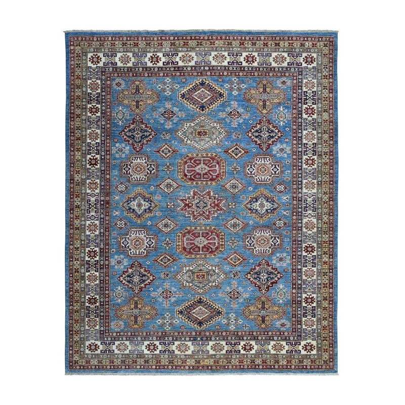 Shahbanu Rugs Blue Super Kazak Geometric Design Pure Wool Hand Knotted Oriental Rug (8'0" x 9'9") - 8'0" x 9'9"