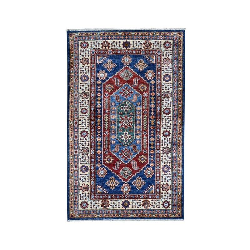 Shahbanu Rugs Blue Super Kazak Pure Wool Geometric Design Hand-Knotted Oriental Rug (3'3" x 5'2") - 3'3" x 5'2"