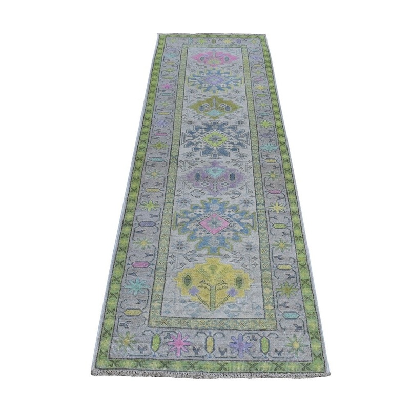 Shahbanu Rugs Colorful Gray Fusion Kazak Runner Pure Wool Hand Knotted Oriental Rug (2'6" x 8'0") - 2'6" x 8'0"