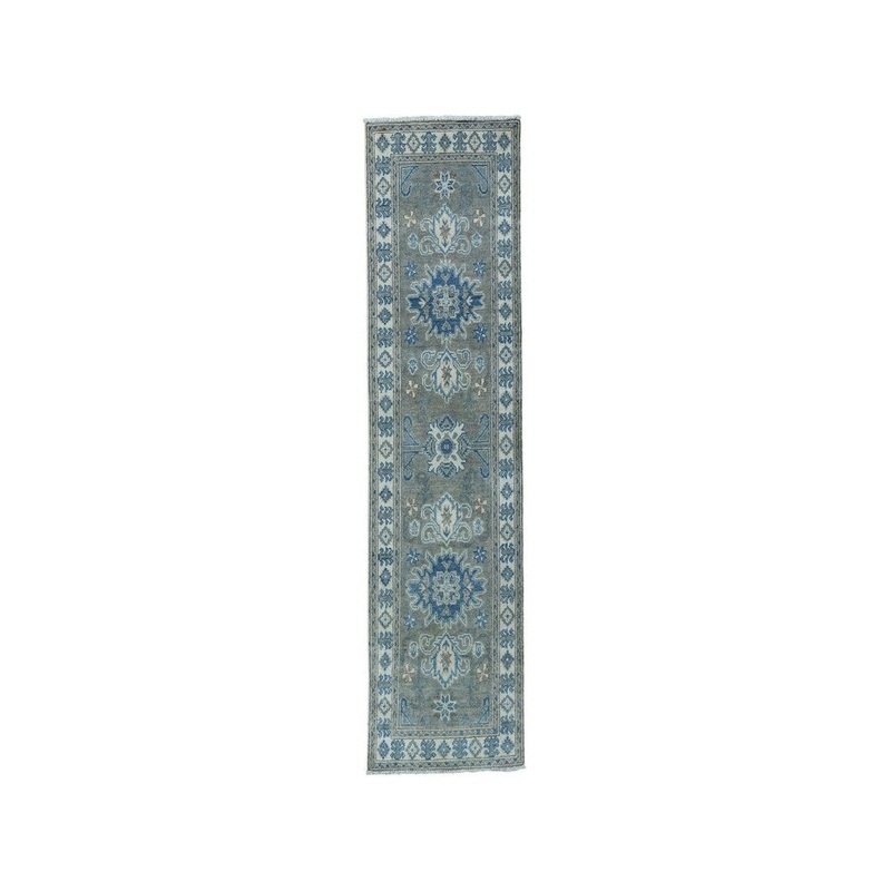 Shahbanu Rugs Gray Vintage Look Kazak Pure Wool Runner Hand-Knotted Oriental Rug (2'0" x 6'2") - 2'0" x 6'2"