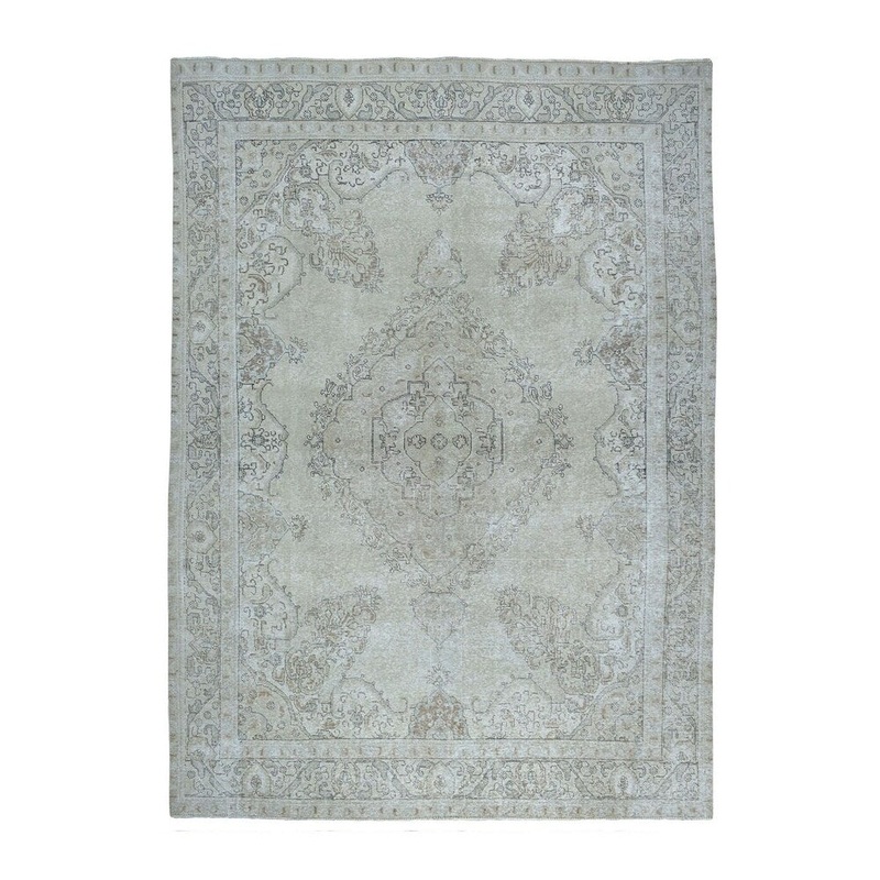 Shahbanu Rugs Gray Vintage White Wash Tabriz Worn Wool Tribal Hand-Knotted Rug (9'5" x 12'6") - 9'5" x 12'6"