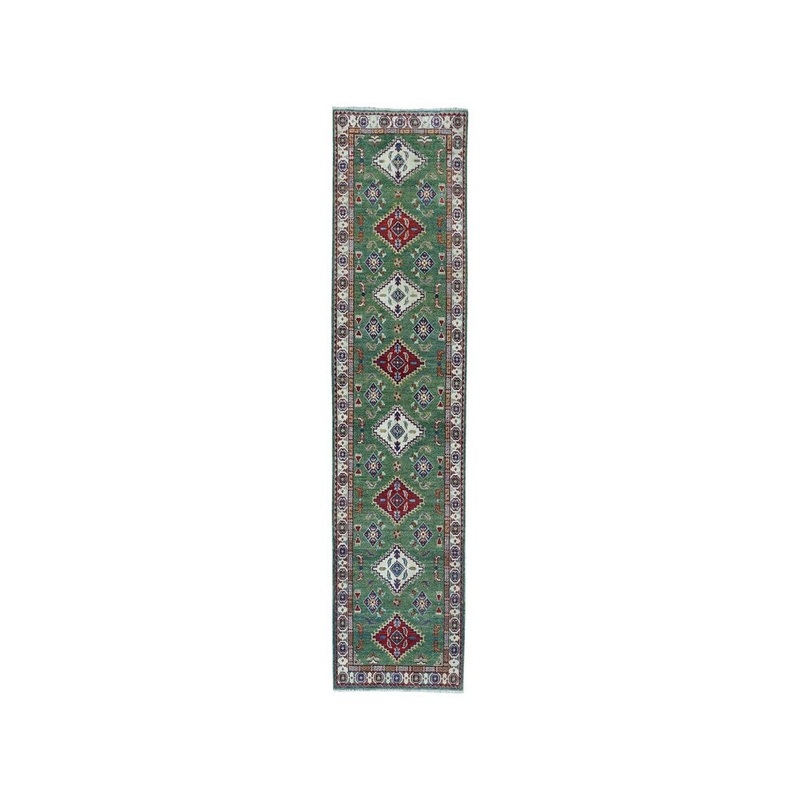 Shahbanu Rugs Green Geometric Design Kazak Pure Wool Hand-Knotted Runner Rug (2'10" x 9'5") - 2'10" x 9'5"