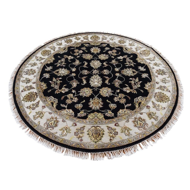 Shahbanu Rugs Half Wool and Half Silk Round Rajasthan Hand-Knotted Oriental Rug (7'1" x 7'1") - 7'1" x 7'1"