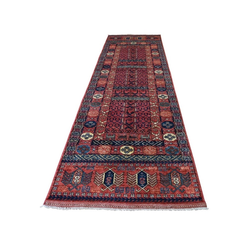 Shahbanu Rugs Hand Knotted Afghan Ersari Hutchlu Design Runner Pure Wool Rug (2'9" x 9'10") - 2'9" x 9'10"