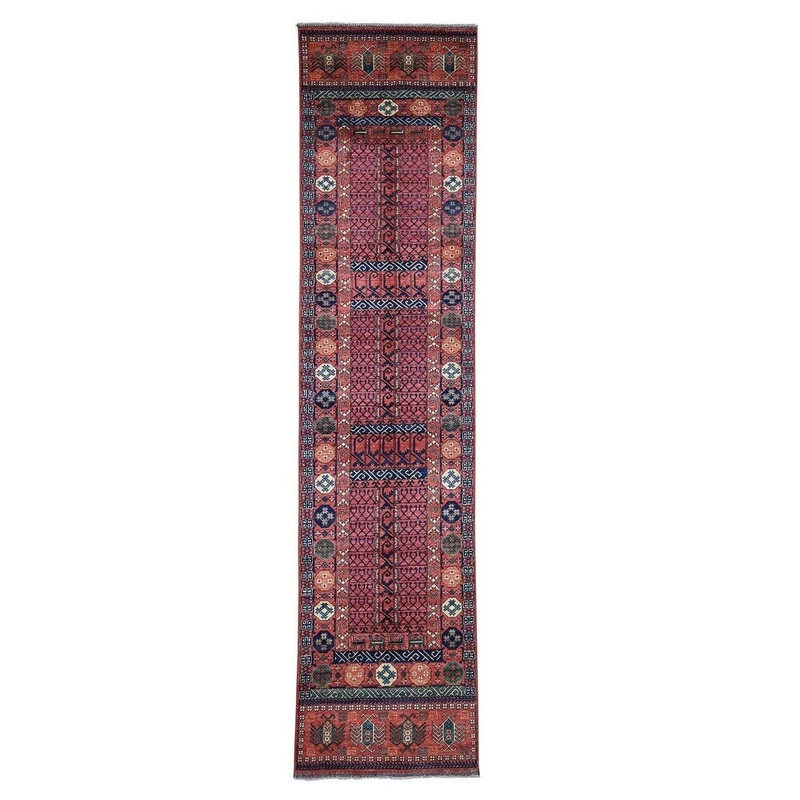 Shahbanu Rugs Hand Knotted Afghan Ersari Hutchlu Design Runner Pure Wool Rug (3'2" x 13'2") - 3'2" x 13'2"