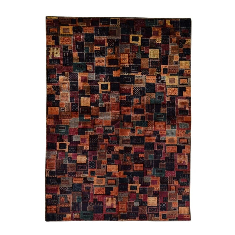 Shahbanu Rugs Hand Knotted Patchwork Design Lori Buft Silky Wool Oriental Rug (5'7" x 7'9") - 5'7" x 7'9"
