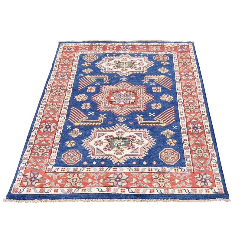Shahbanu Rugs Hand-Knotted Pure Wool Navy Blue Special Kazak Oriental Rug (3'2" x 4'9") - 3'2" x 4'9"