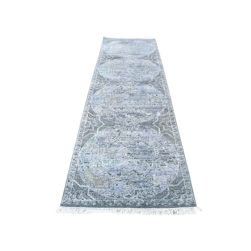 Shahbanu Rugs Hand-Knotted Silk with Oxidized Wool Circular Design Runner Rug (2'6" x 8'10") - 2'6" x 8'10"