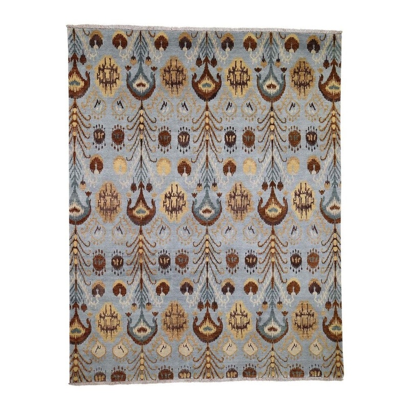 Shahbanu Rugs Ikat Sky Blue Pure Wool Hand Knotted Oriental Rug (7'8" x 9'9") - 7'8" x 9'9"