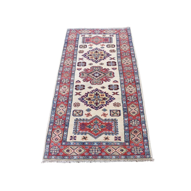 Shahbanu Rugs Ivory Special Kazak Pure Wool Runner Hand-Knotted Geometric Design Rug (2'3" x 5'2") - 2'3" x 5'2"