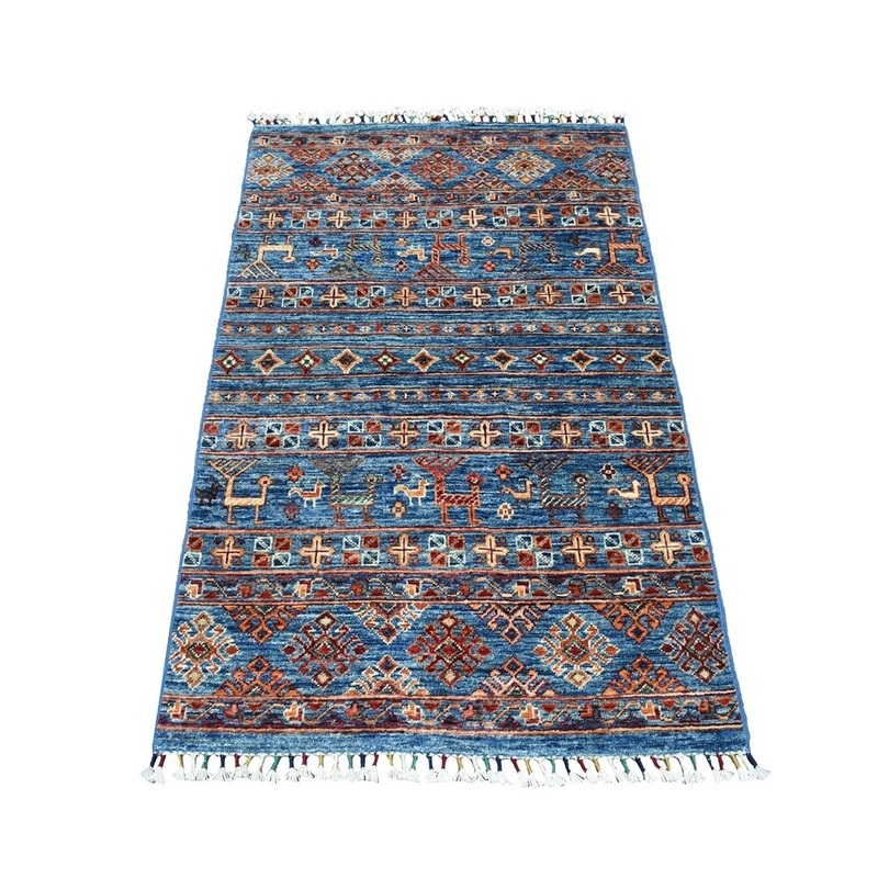 Shahbanu Rugs Khorjin Design Blue Super Kazak with Animals Pure Wool Hand Knotted Oriental Rug (3'0" x 4'7") - 3'0" x 4'7"