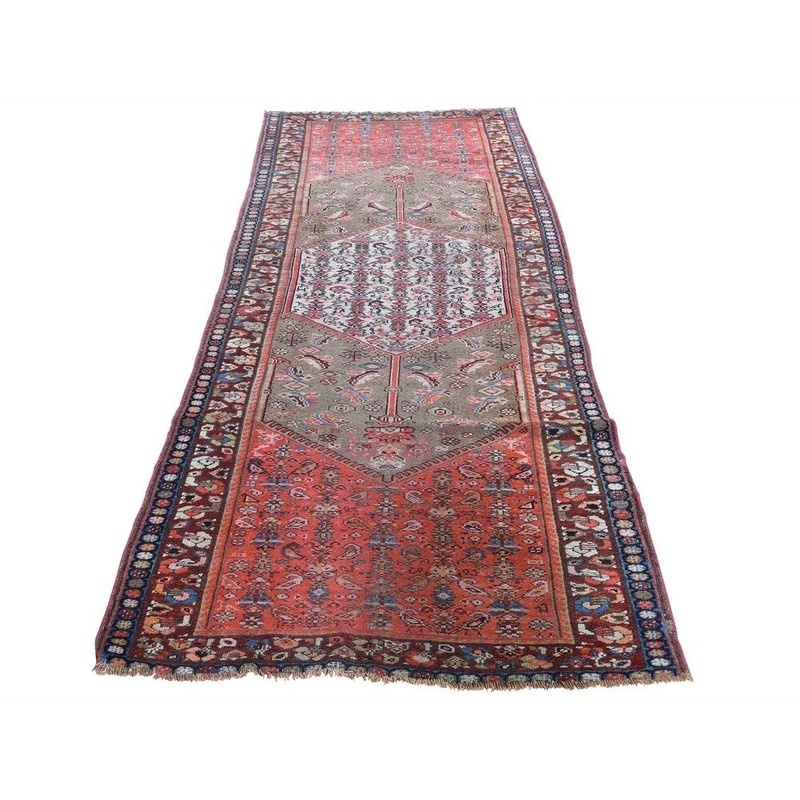 Shahbanu Rugs Orange Antique Persian Malayer Worn Some Wear Clean Runner Rug (3'0" x 8'0") - 3'0" x 8'0"