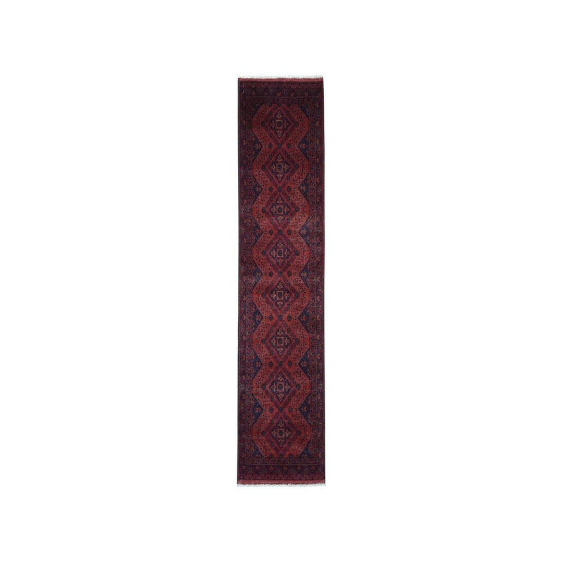 Shahbanu Rugs Red Geometric Design Afghan Pure Wool Hand-Knotted Runner Rug (2'6" x 9'5") - 2'6" x 9'5"