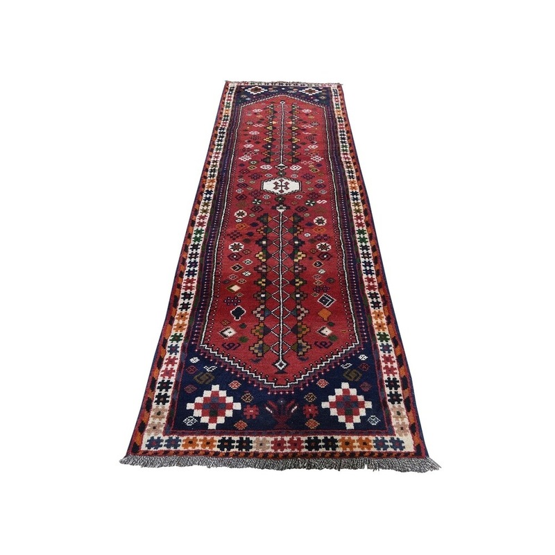 Shahbanu Rugs Red New persian Shiraz Pure Wool Narrow Runner Hand-Knotted Rug (2'6" x 9'5") - 2'6" x 9'5"