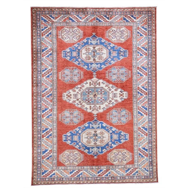 Shahbanu Rugs Red Super Kazak Pure Wool Geometric Design Hand-Knotted Oriental Rug (5'8" x 7'10") - 5'8" x 7'10"