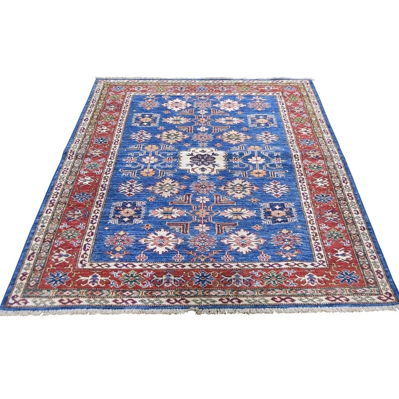 Shahbanu Rugs Super Kazak Pure Wool Blue Geometric Design Hand-Knotted Oriental Rug (4'0" x 5'10") - 4'0" x 5'10"