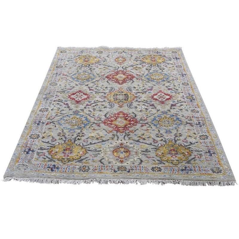 Shahbanu Rugs THE SUNSET ROSETTES Pure Silk and Wool Hand-Knotted Oriental Rug (4'0" x 5'9") - 4'0" x 5'9"